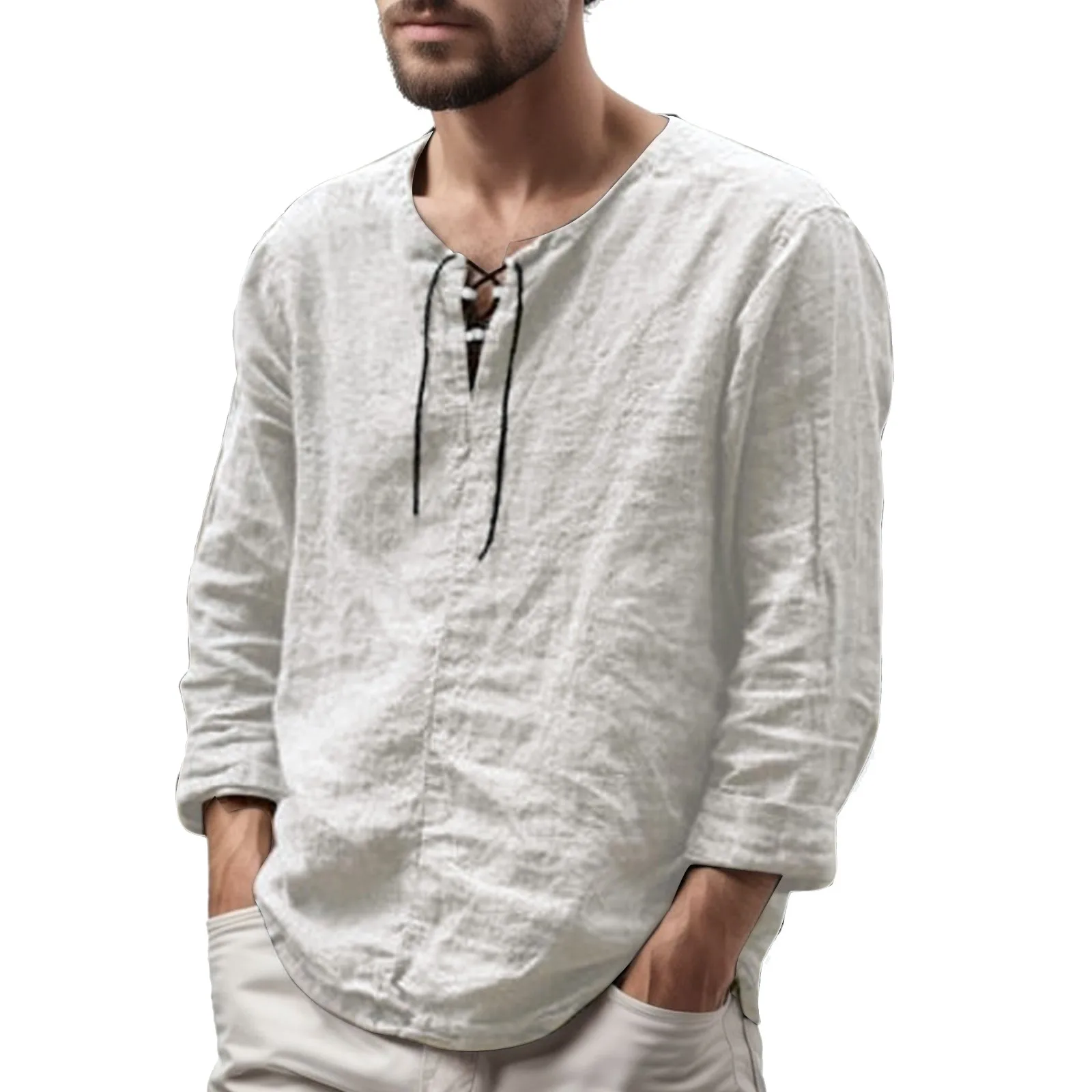 Men's Casual Cotton Linen Long Sleeve T-shirts Fashion Solid Color Front Drawstring Lace-up Blouse Spring Autumn All-match Tops