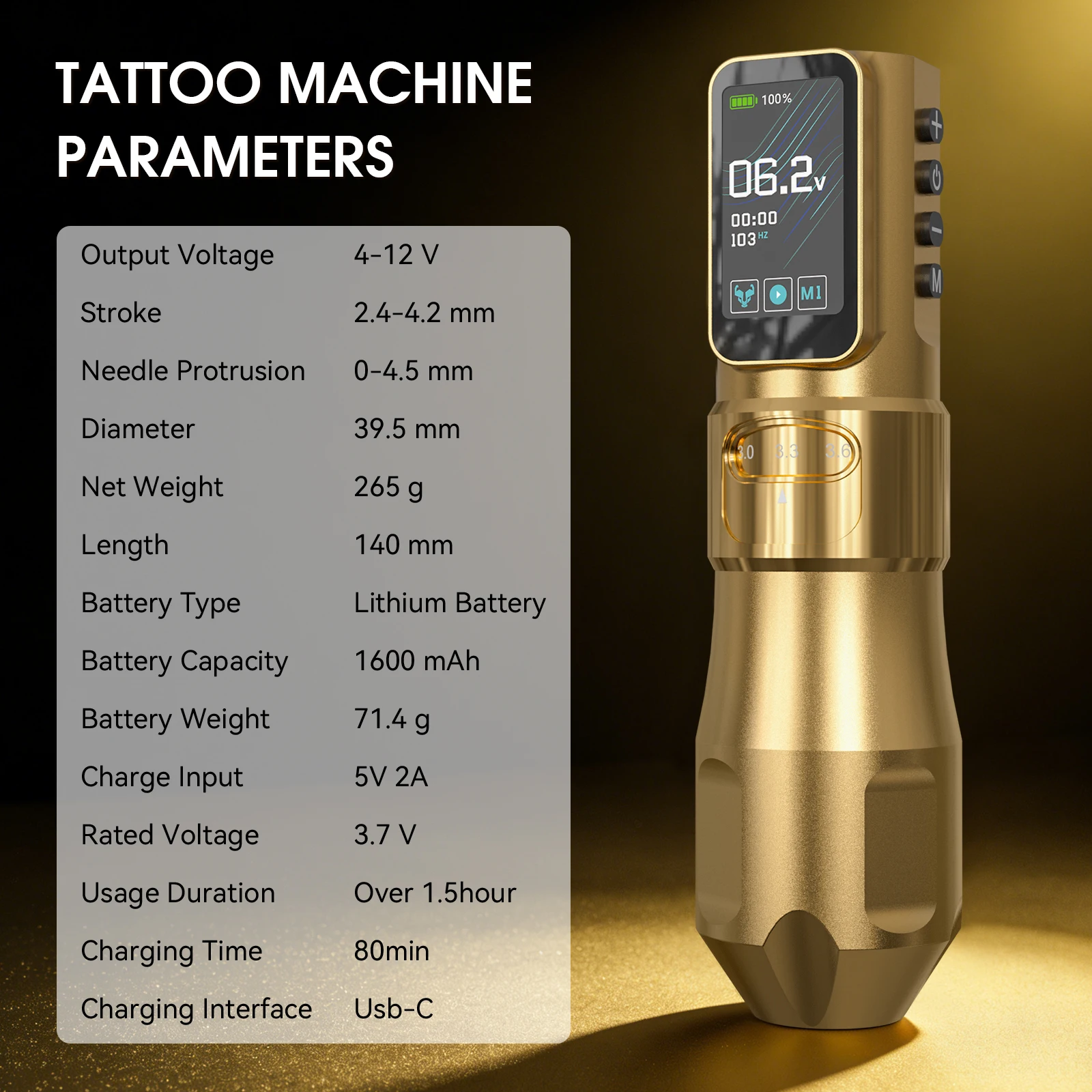 Gold Wireless Tattoo Pen with Digital Display, 2.4-4.2mm Adjustable Stroke, 1600mAh Rechargeable Tattoo Machine for Artists