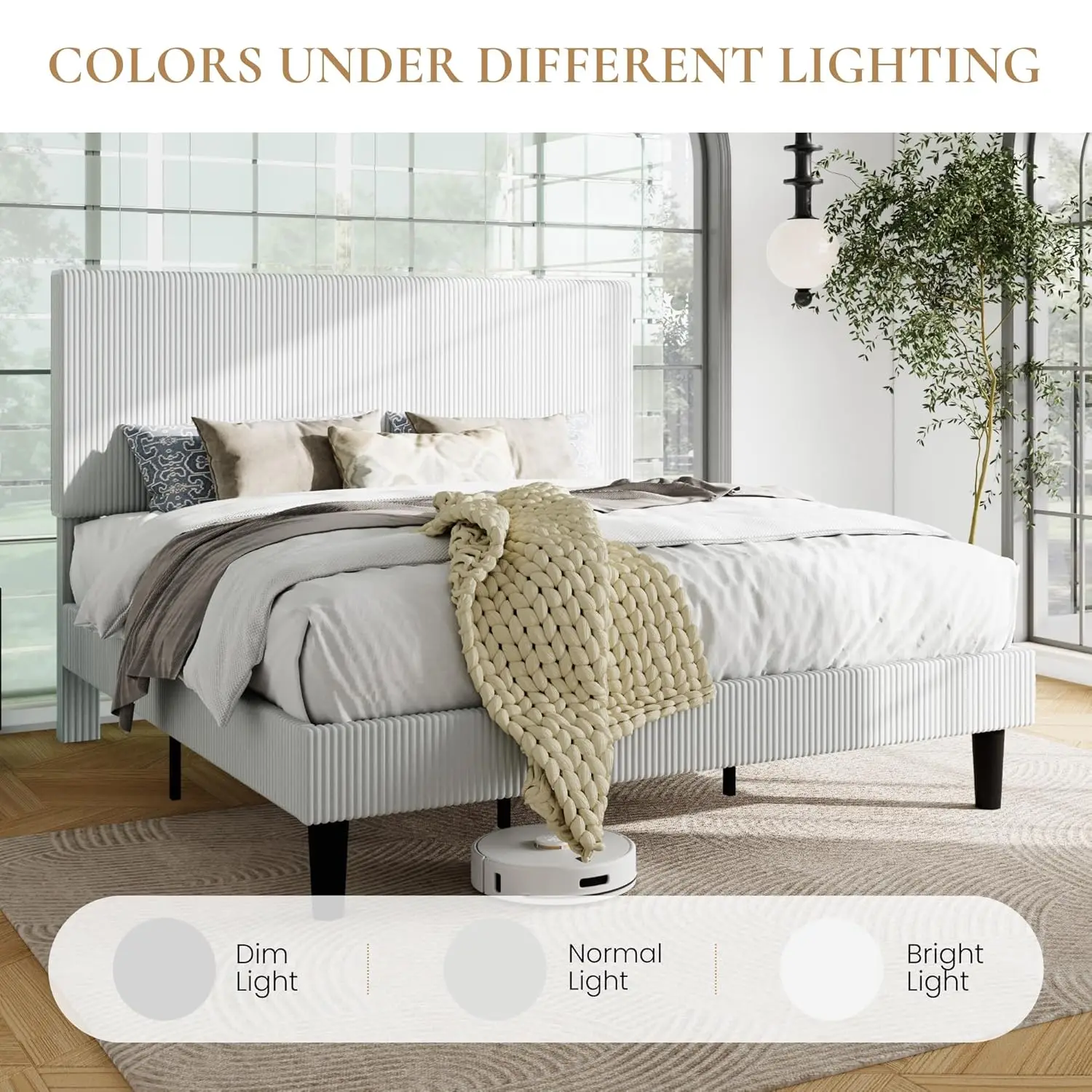 Velvet King Platform Bed Frame Vertical Tufted Headboard Corduroy Wooden Slats No Box Spring Easy Assembly White, Customized view 3