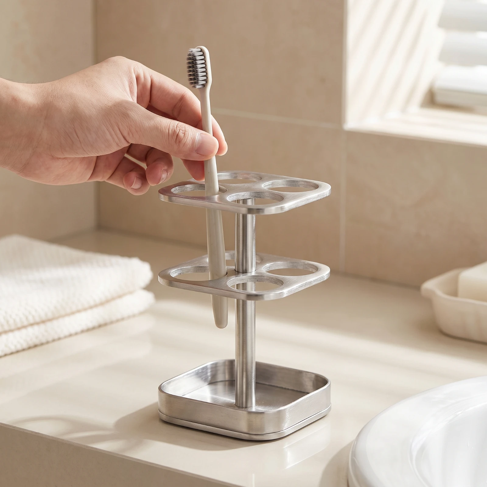 Stainless Steel Toothbrush Holder Rust-Resistant Toothbrush Holder with Tray Brushed Metal Compact for Sink Vanity