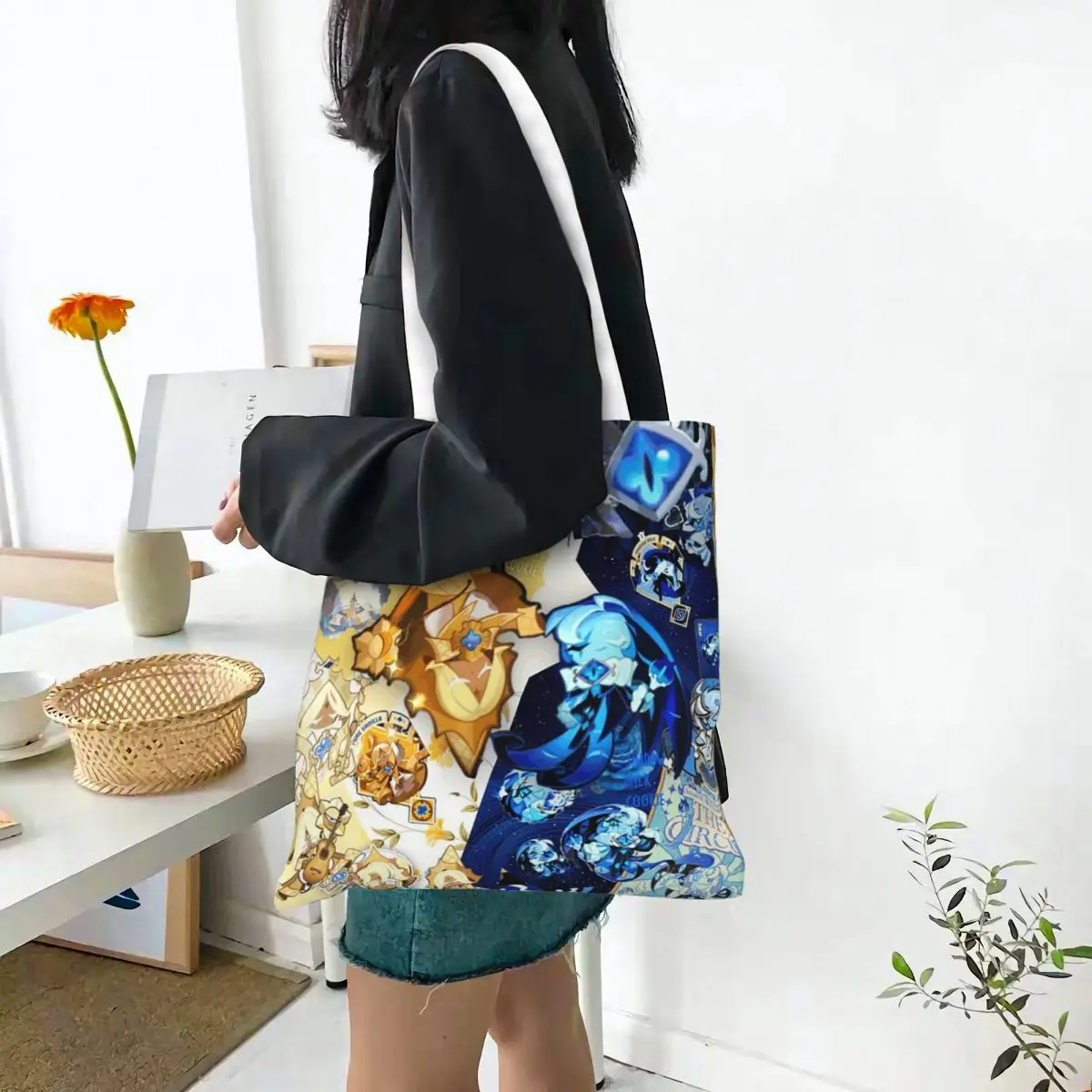 Shadow Milk Cookie Run Kingdom Cute Cartoon Anime Shopping Bags Canvas The Tote Bag Folding Ladies Shoulder Tote Travel Handbag
