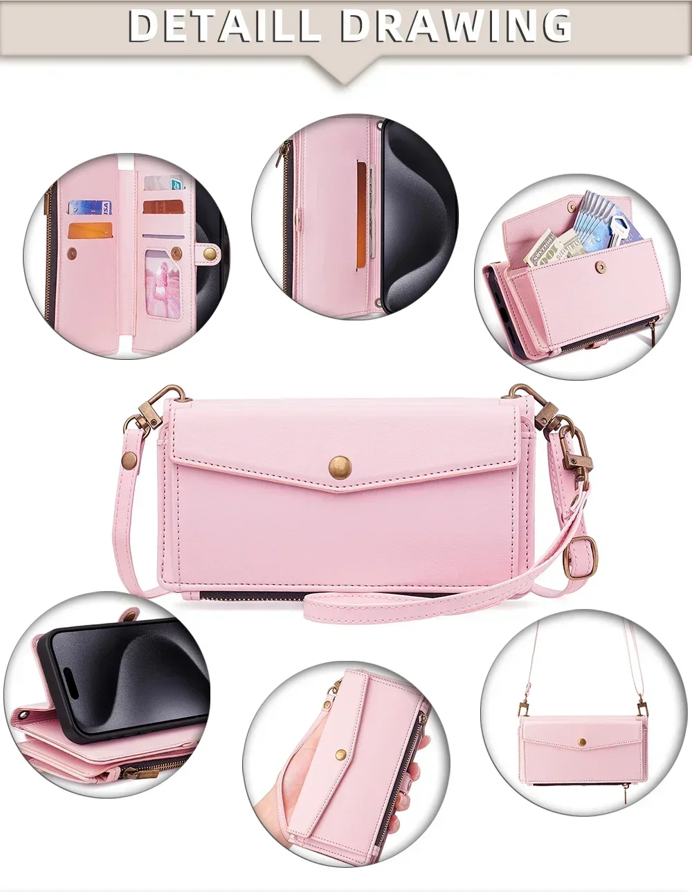 Reißverschluss PU-Leder Brieftasche Buchcover Handyhüllen für iPhone 16 16E 17 Air Pro Plus Max Flip Cover Multifunktionale Berging Bags – Detail 11