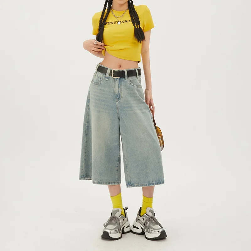 

Vintage High Street Blue Denim Wide Leg Seven Point Pants High-waisted Baggy Y2k Harajuku Boyfriend Style Clothing Women Jeans