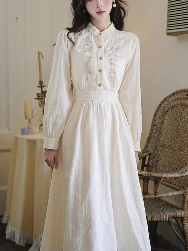 Vintage Fairy Embroidery Midi Dress Female Elegant French Party Midi Dress Stand Collar Puff Sleeve Evening Robe Vestidos Women