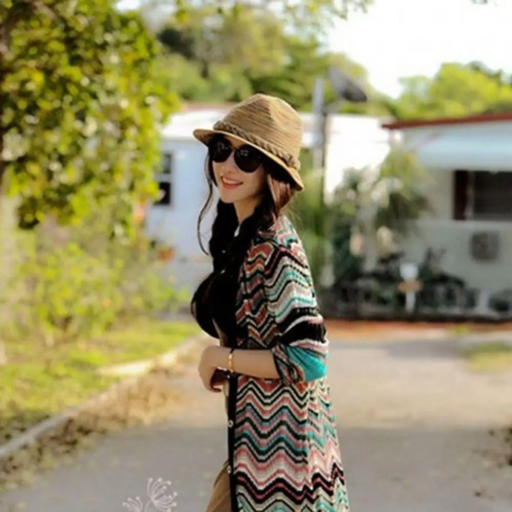Summer Bohemian Straw Hat for Women Foldable Striped Braided Rope Wide Brim Beach Sun UV Protection
