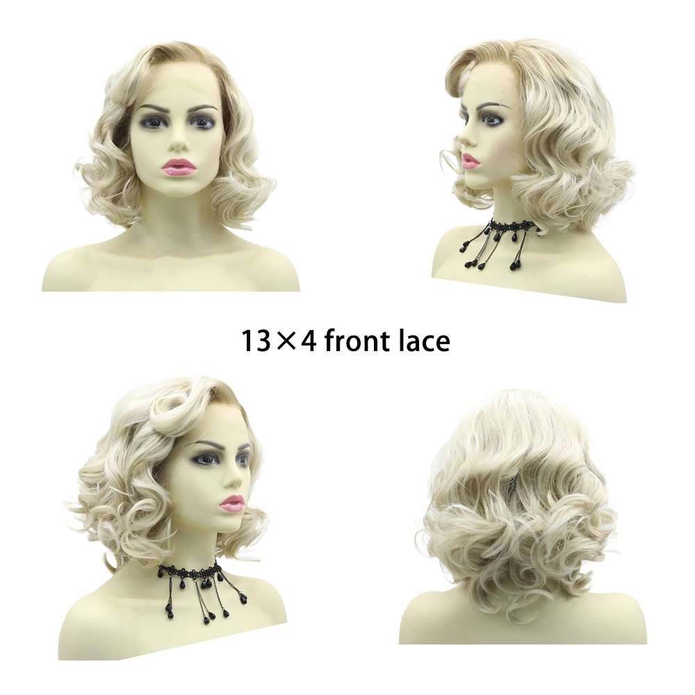 عالية الجودة مارلين مونرو تأثيري الشعر الاصطناعية 13 × 4 3 × 3 الجبهة الدانتيل الباروكة 14 بوصة يوميا قصيرة مجعد الشعر الطبيعي مقاومة للحرارة