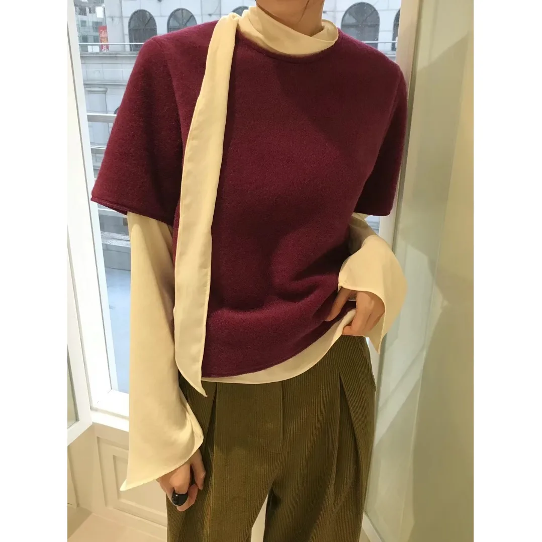 

Повседневная весенне-осенняя шерстяная одежда с поясом, простой дизайн, женская модная корейская внутренняя одежда стандартного кроя