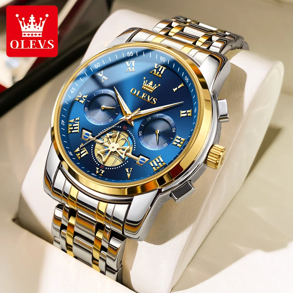 OLEVS Watch for Men Luxury Multifunction Waterproof Luminous Stainless Steel Calendar/Week Display Business Top Quartz Men Watch