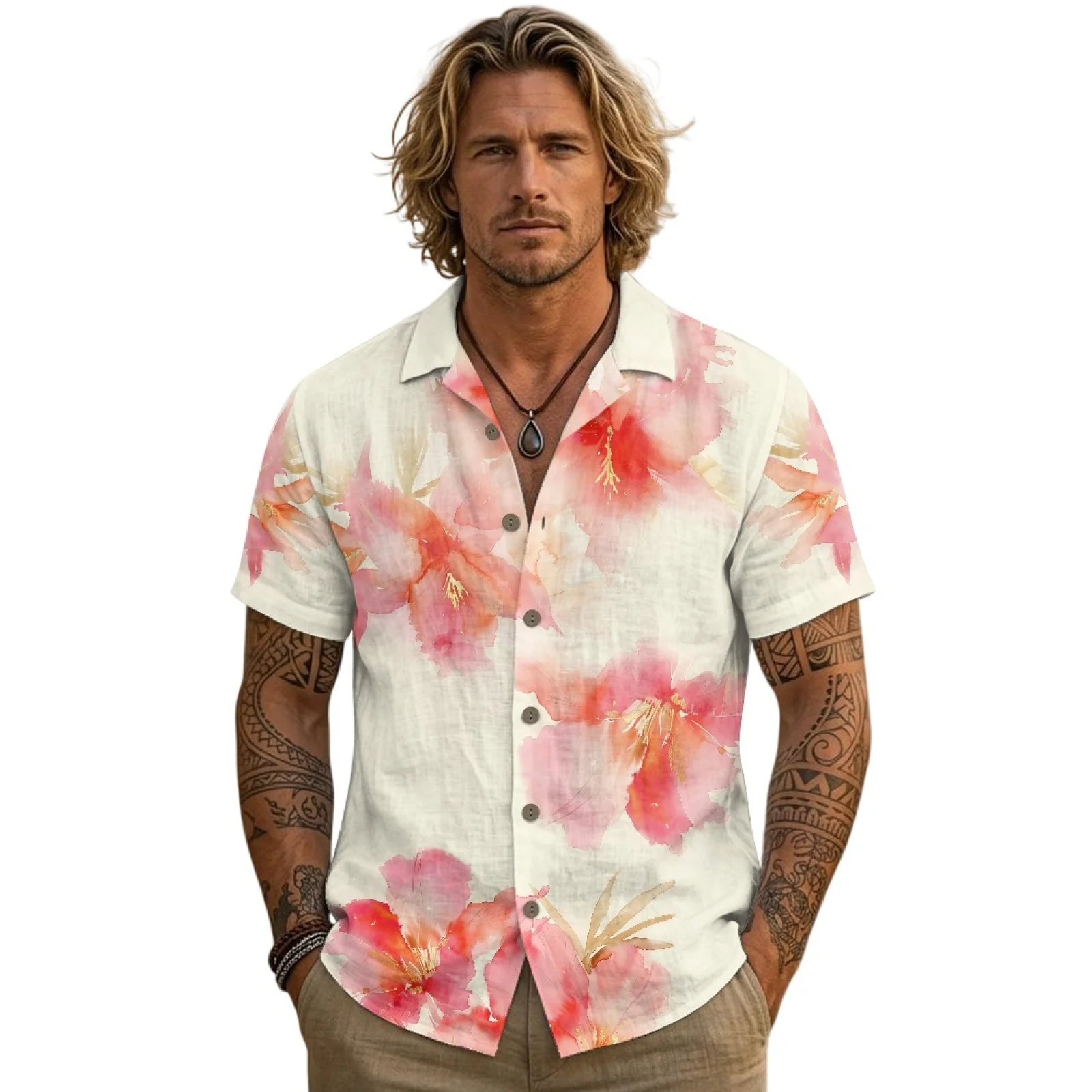 PENSTROLL Lapel Linen Style Hawaiian T Shirts Single Breasted Mens Short Sleeve T-shirt for Summer Watercolor Pink Floral