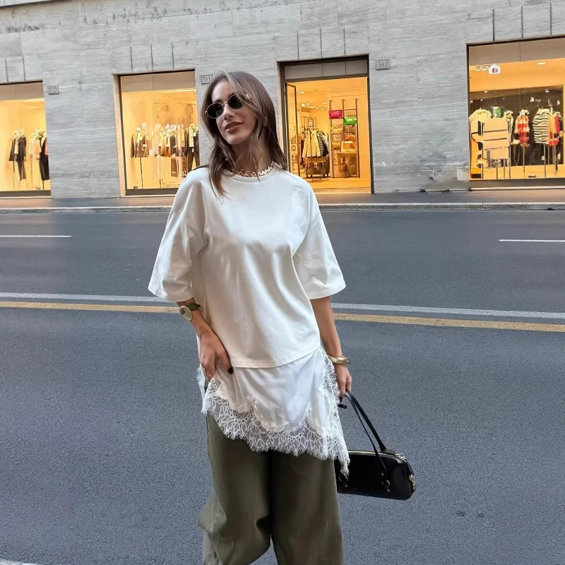 

2026 Summer Hot Selling Round Neck Short Sleeved Patchwork Lace Design Irregular T-shirt