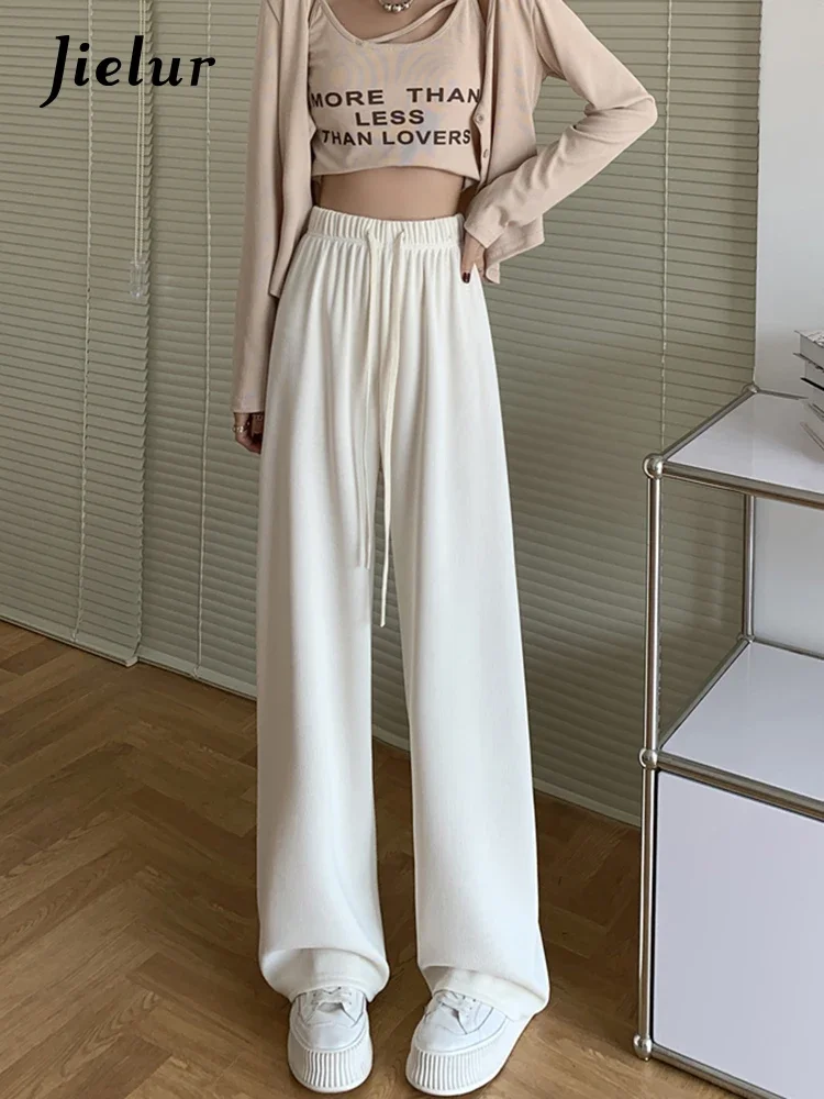 

Jielur Loose Straight Chiffon Pants Female Drawstring Black Trousers Summer High Waist Pink Casual Pants Solid Color Women Pants