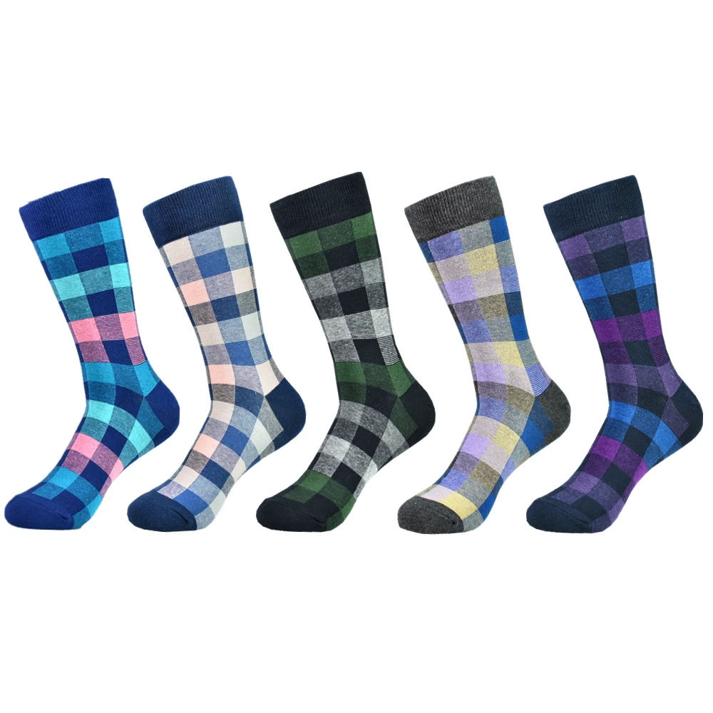 5pairs/set Men\'s Cotton Breathable Colorblock Plaid Crew Socks Casual Socks For All Seasons