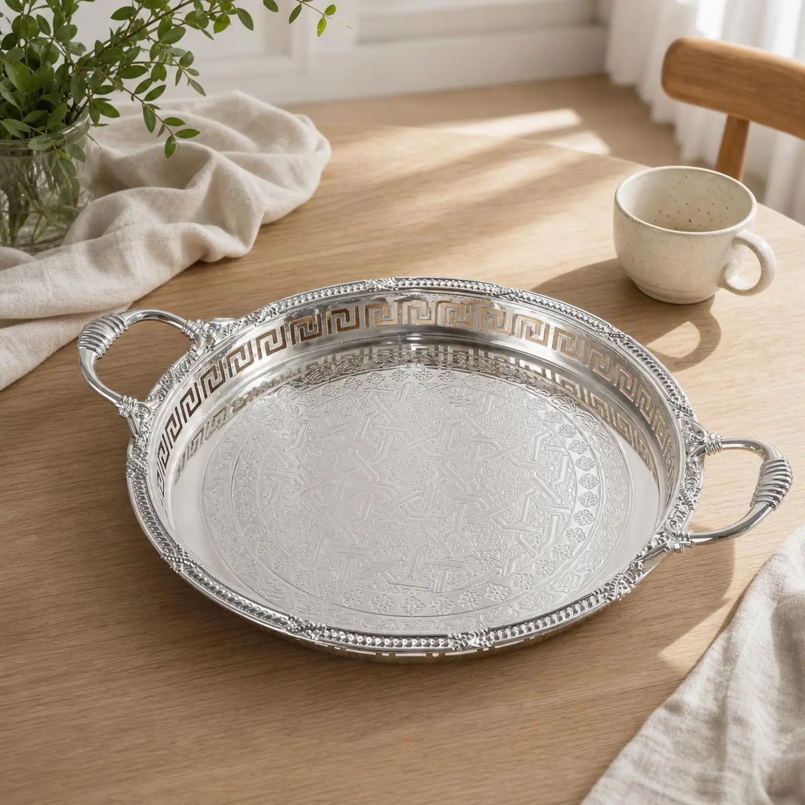 Decorative Iron Dessert Serving Tray with Handles Vintage Centerpiece Platter for Engagement or Party Table