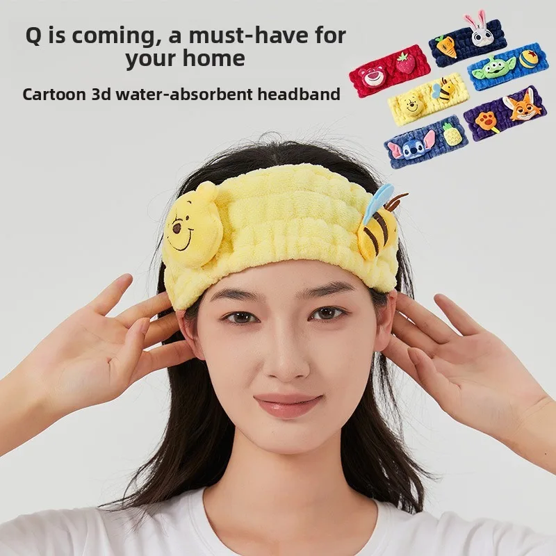 

Disney Pooh Soft Coral Velvet Headband Stitch Hairband Wash Face Makeup Hair Elastic Girl Skincare Headdress Ribbon Water Suck