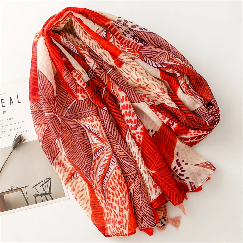 2024 New Big Palm Leaf Print Tassel Scarf Shawls Leaves Pattern Foulard Head Scarves Hijab Wrap Wholesale 10pcs/LOT