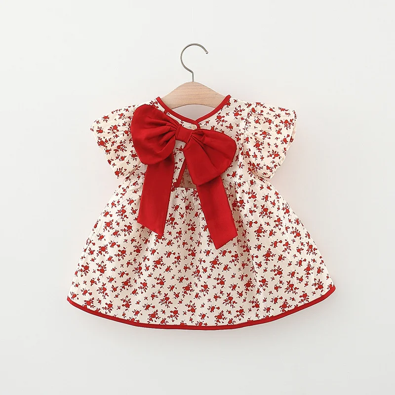 Summer New Small Floral Short Sleeved Baby Girl Dress, Sweet Bow Children\'S Clothing From 9 Months To 3 Years Old