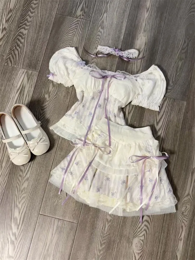 

Summer Sweet Puff Sleeve Slim Fit Floral Top for Women+ Y2k High Waist Lace Bow Cake Skirts 2025 New Two Piece Sets