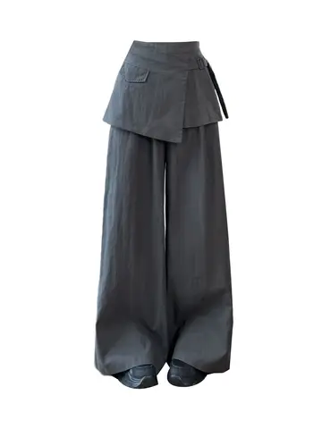 Women Grey Oversize Parachute Pants Harajuku Cargo Pants with Skirt 2000s Y2k Vintage Baggy Wide Leg Sports Trousers Autumn 2025