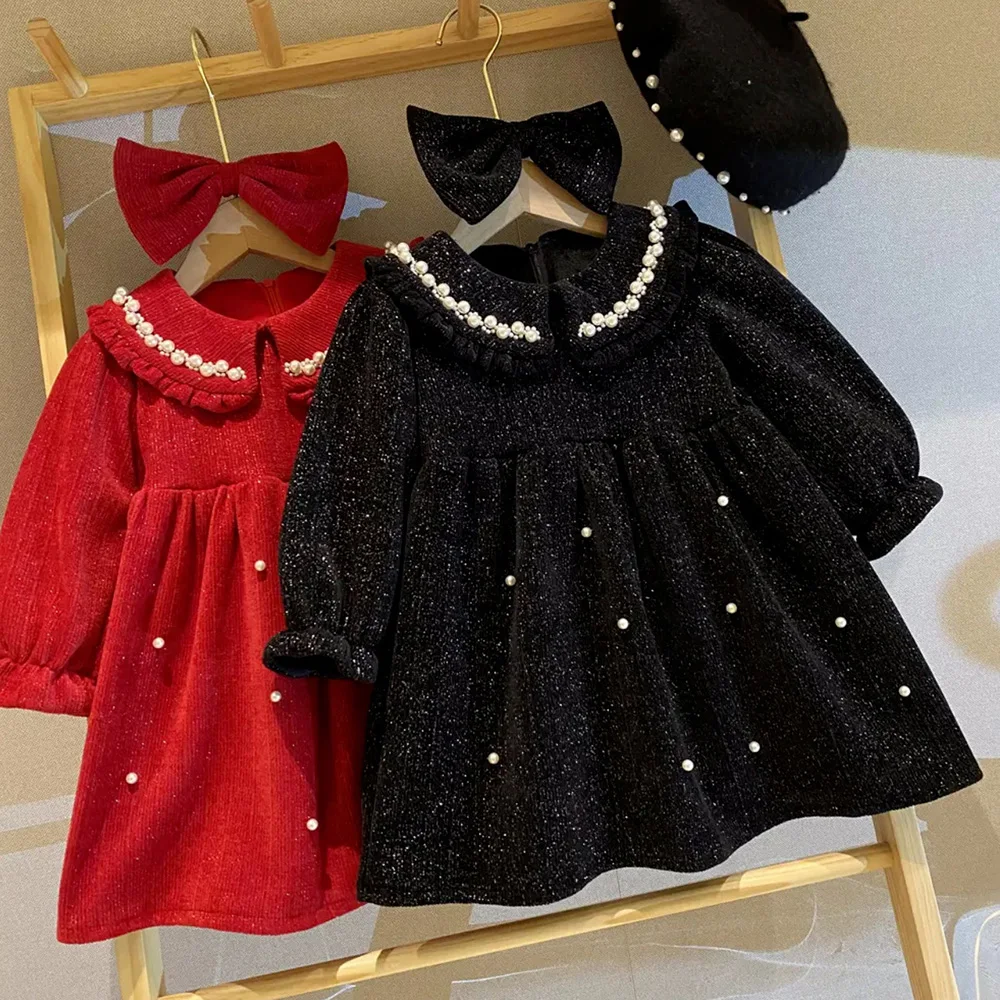 Girls Red Fleece Dress 2024 Autumn Winter Long Sleeve Peter Pan Collar Pearl Beading Princess Dresses Merry Christmas Kids Dress