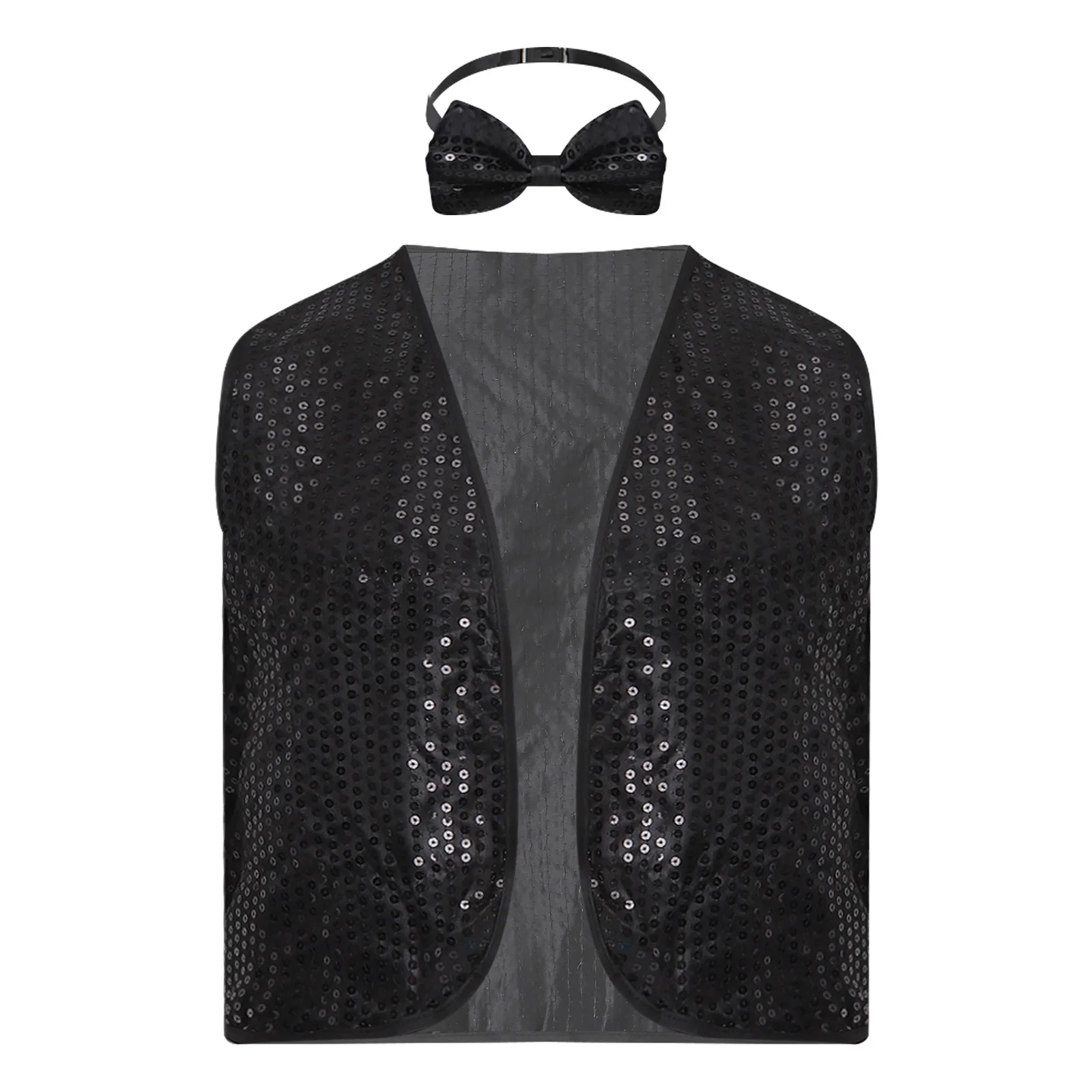 Men 2pcs Sparkling Sequin Sleeveless Vest Matching Adjustable Bow-tie for Evening Party Annual Meeting Host Performance Costume
