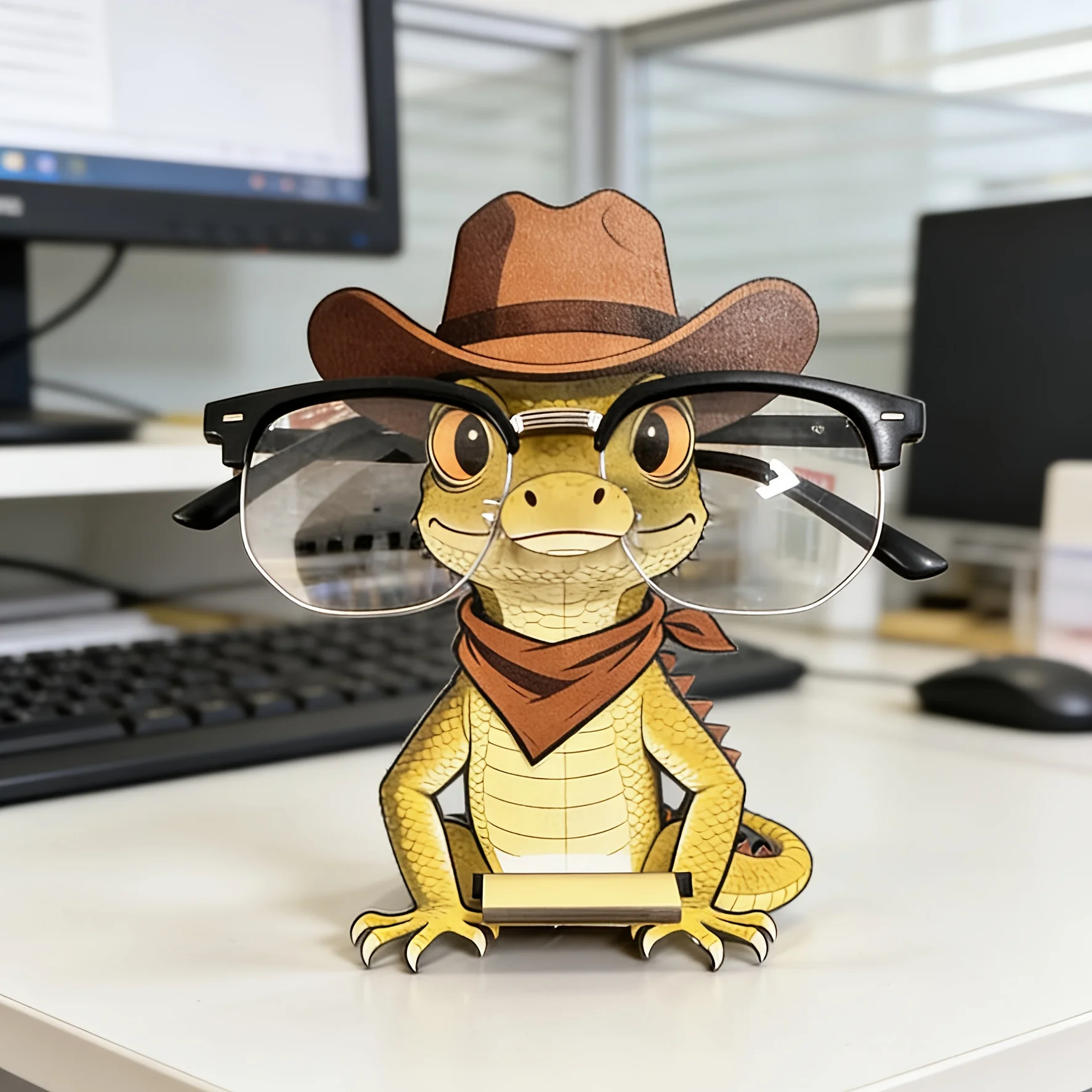 2D 1PCS Fashionable Cowboy Lizard Cartoon Style Wooden Eyeglass Holder Multi-functional Display Stand Desktop Office Home Decor