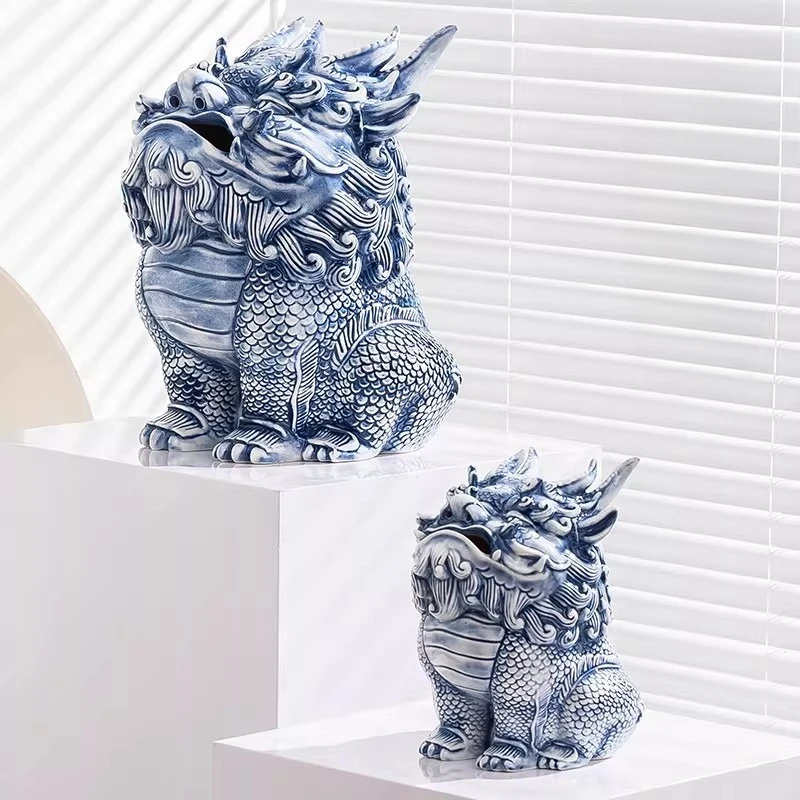 Blue White Ceramic Qilin Pixiu Incense Burner Handmade Tea Pet Ornament Desktop Decoration Housewarming Opening Business Gift