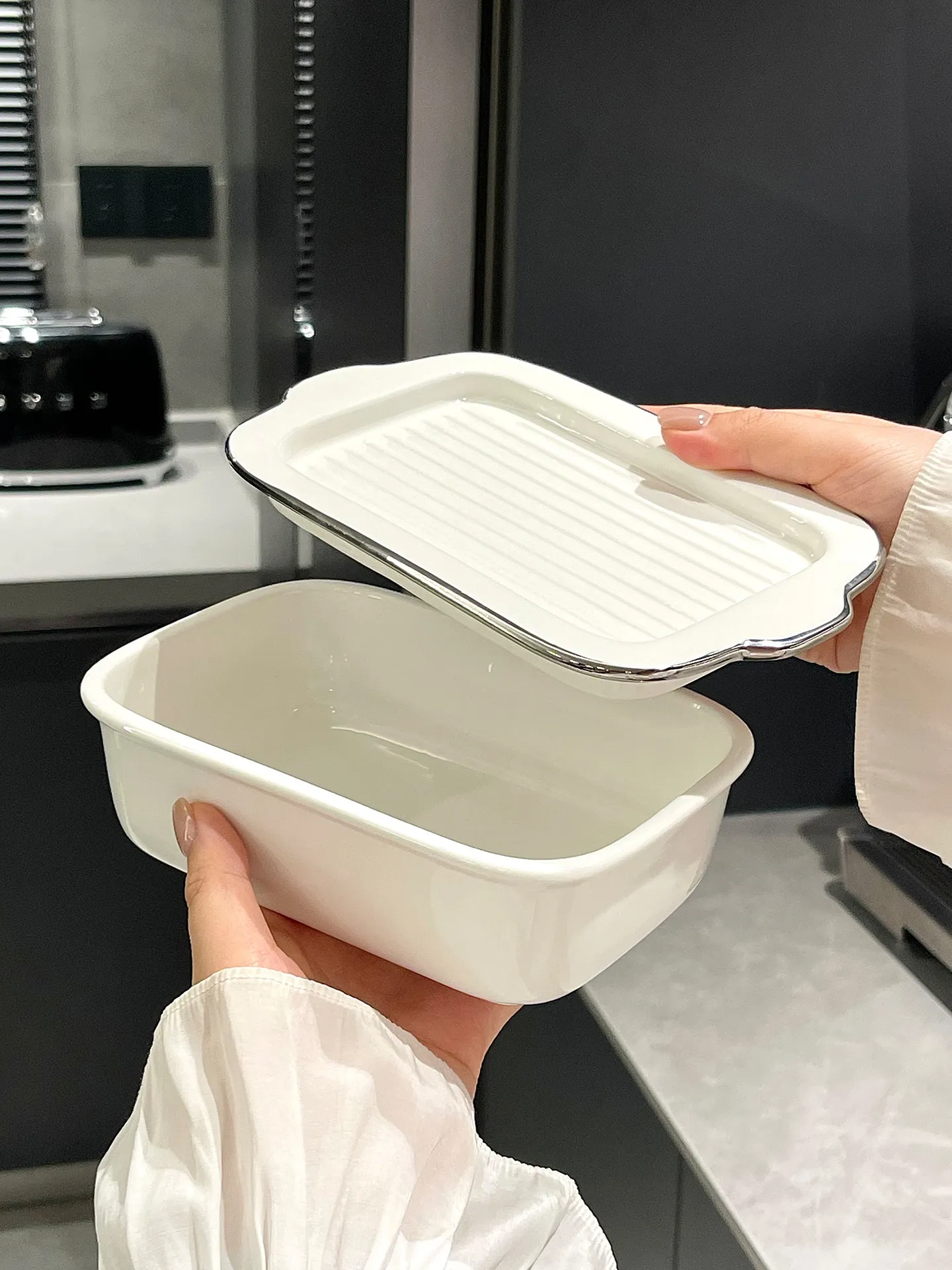 

DSA Ceramic Steaming Plate with Lid Steaming Plate Binaural Plate with Lid Household Instant Noodle Bowl Steamed Egg Bowl Salad
