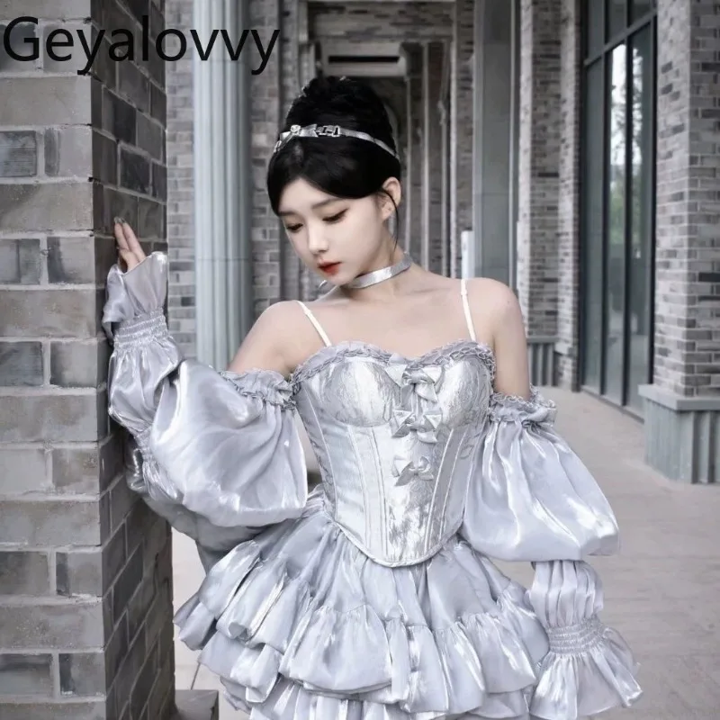 Summer Premium Tube Top Bow Slimming Sling Crop Top Birthday French High Waist Fluffy Princess Short Skirt Trailing Set