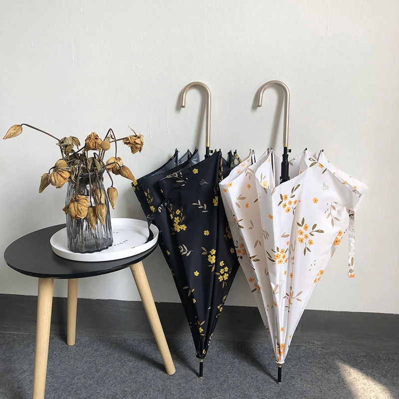 

Полуавтоматический открытый ветрозащитный зонт двойного размера, усиленный, изогнутая ручка, цветочный дизайн для повседневного использования на пляже на открытом воздухе