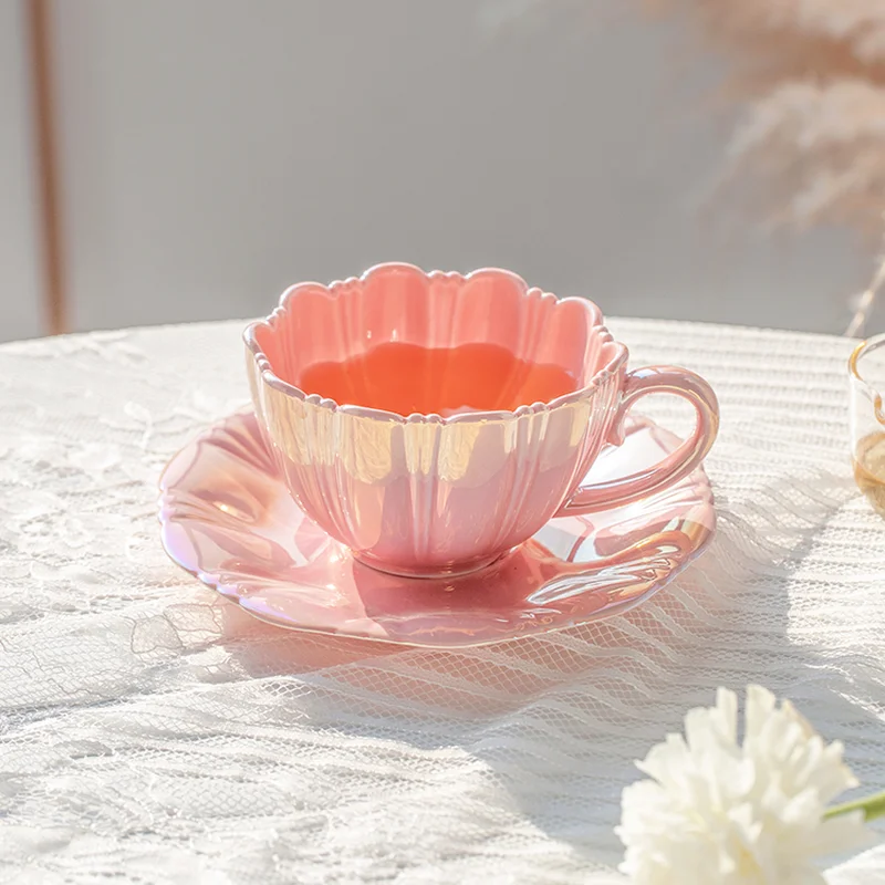 Pearl Petal Ceramic Cup Coffee Cup and Saucer Afternoon Tea Red, White & Blue Coffee Mug Milk Tea Cups Mugs Teacup Drinkware