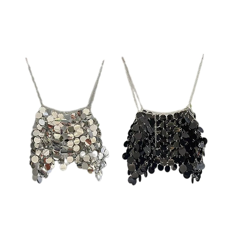 Womens Layered Sequins Sexy Crop Tube Top Backless Festival Body Chain Camisole