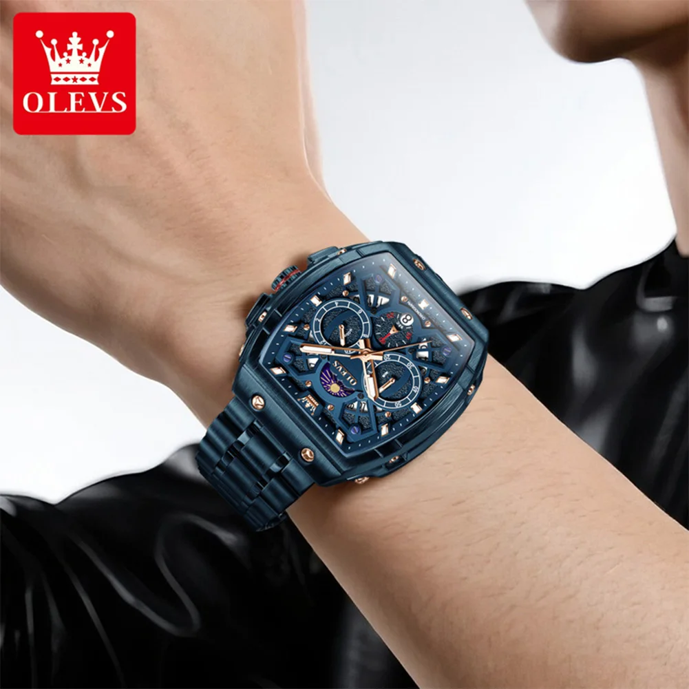 OLEVS Men's Watches Stainless Steel Tonneau Dial Moon Phase Waterproof Chronograph Wristwatch Original Quartz Watch for Men 2942 view 4