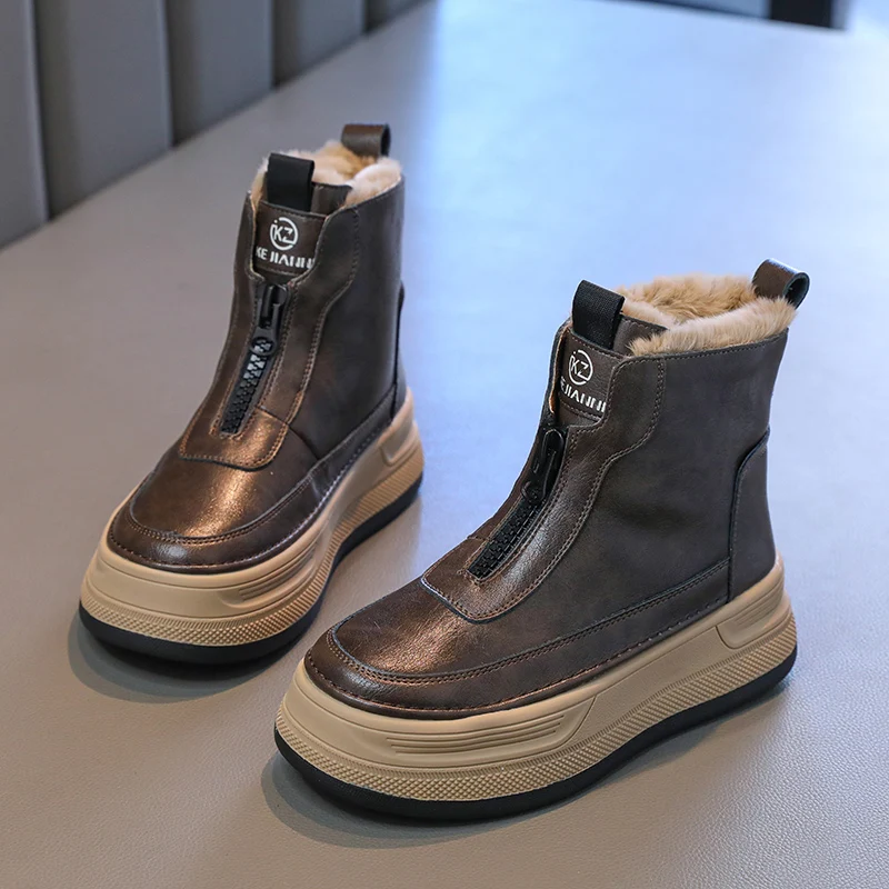 أطفال أحذية بوت قصيرة وسيم مريح الفراء الأطفال أحذية الموضة لينة أسفل 2026 العلامة التجارية الجديدة بنين بنات حذاء من الجلد الجبهة سستة #2