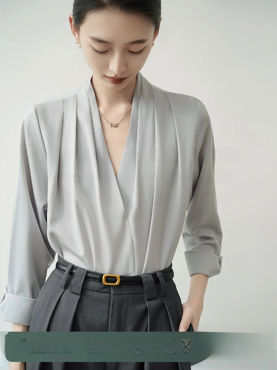 

Achu ey Satin irt Women's Career Long Sve V-ne Commute Faion Top Quali Select Profional Office Outfit