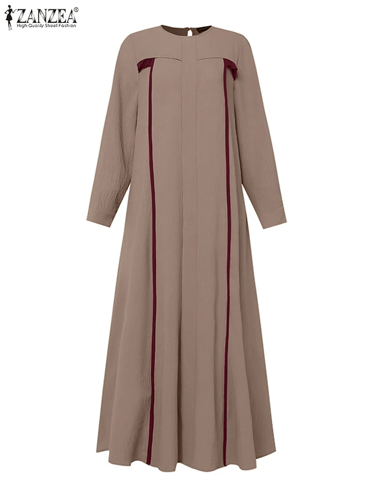 ZANZEA Autumn Long Sleeve Long Dresses Muslim Hijab Color Block Patchwork Casual Islamic Maxi Vestidos O Neck Women Abaya Robes