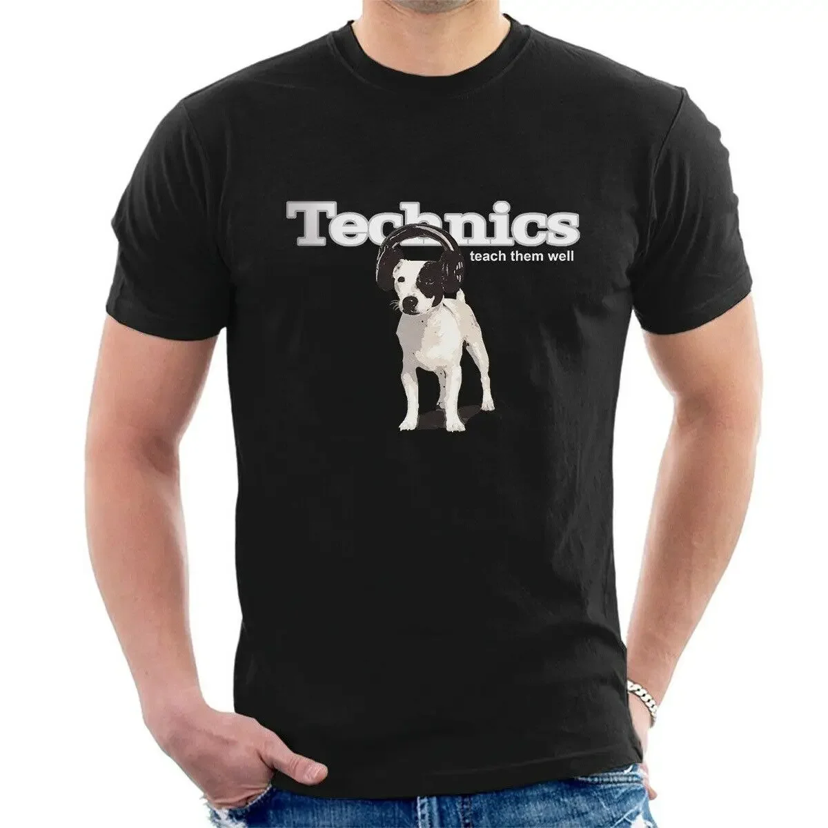 Funny Technics Dog Teach Them Well Vinyl DJ T-Shirt 100% Cotton O-Neck Summer Short Sleeve Casual Mens T-shirt Size S-3XL