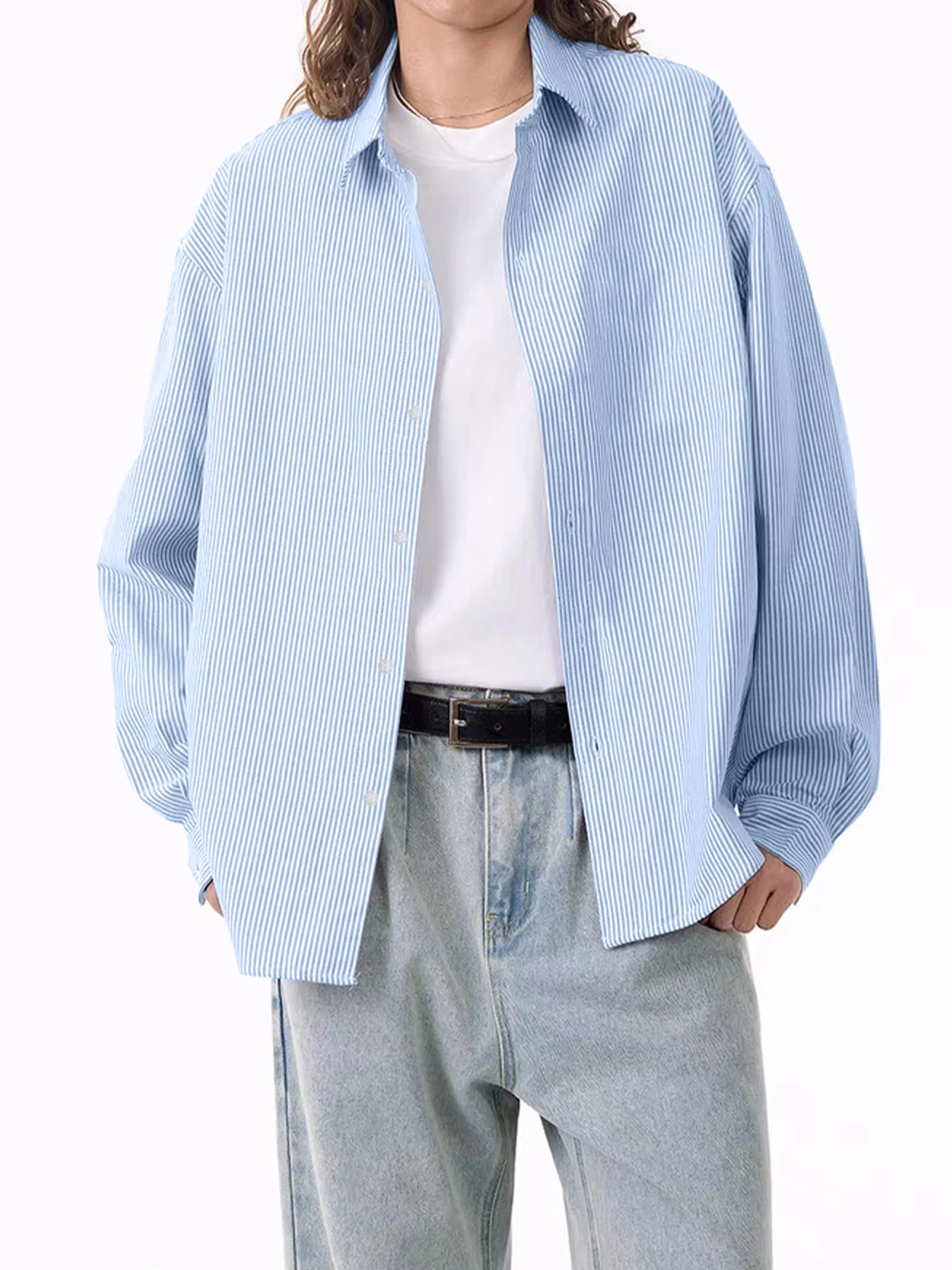 

Весенне-осенняя новая простая полосатая мужская рубашка с длинными рукавами, модная повседневная универсальная рубашка с отложным воротником.