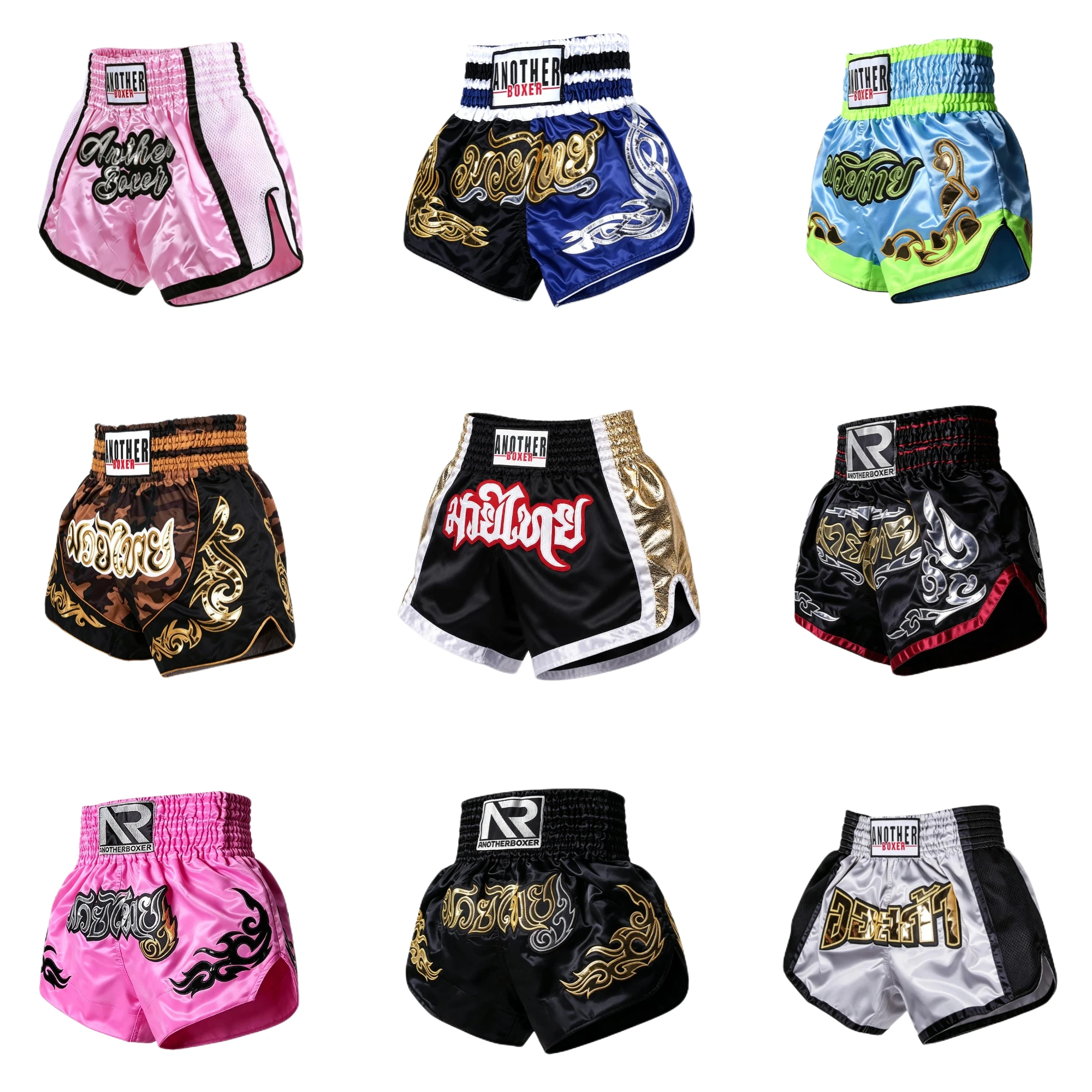 Satin Muay Thai Boxing Shorts Metallic Thai Embroidery MMA Sanda Fight Shorts for Adult Kids Gym Workout Training Competition