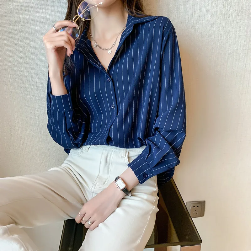 Fashion Woman Blouses 2023 Chiffon Long Sleeve Shirt Tops Woman White Blouse Shirts Striped Top Pretty and Cheap Women\'s Blouses