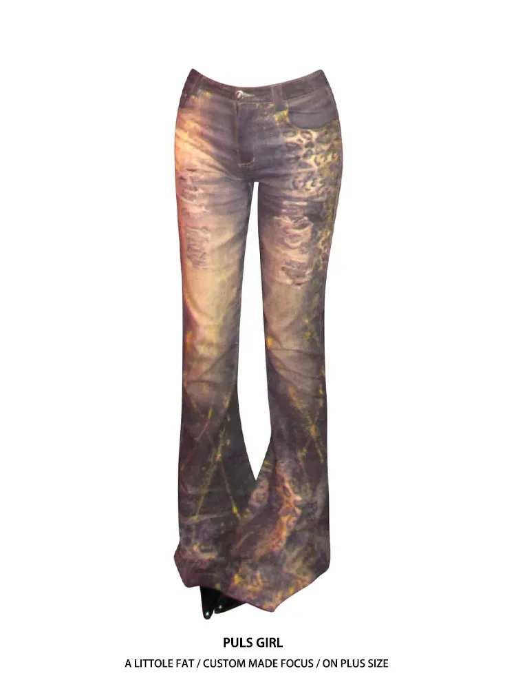 

Retro American Large Size Denim Jeans Women's High Waist Cuffed Bell Bottoms Washed out Leopard Print Slim Fit Casual Pants