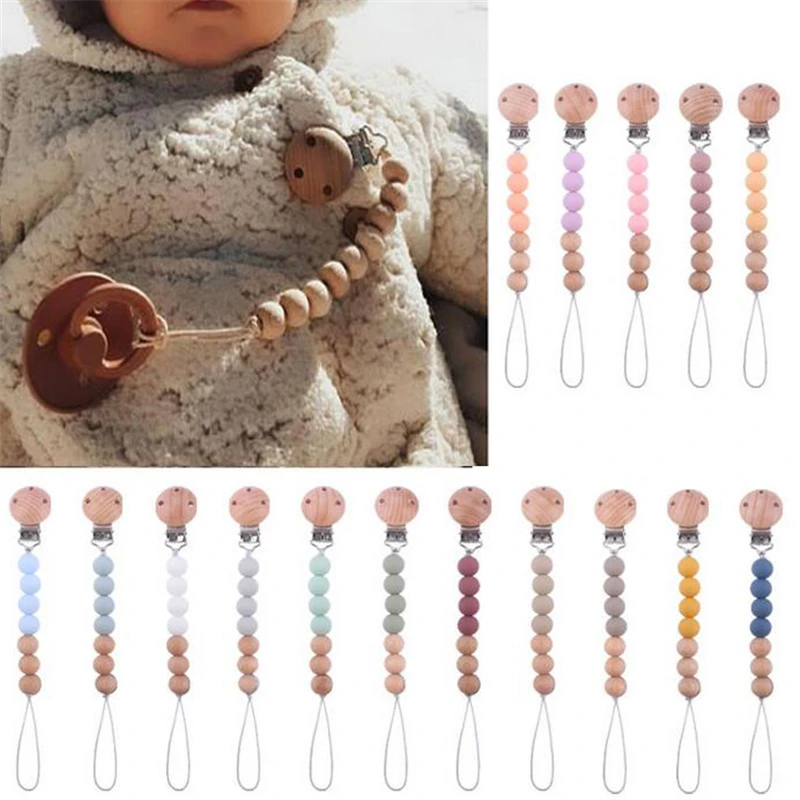 Baby Pacifier Clip Silicone Beads Wooden Teething Chain Infant Nipple Clamp Dummy Holder Soother Newborns Chew Pendant Accessory