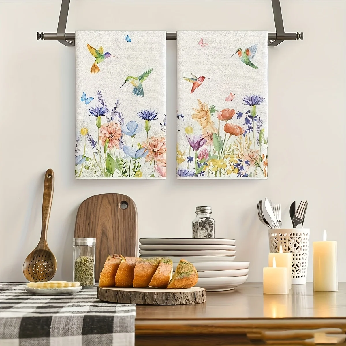 عبوة من مناشف المطبخ على شكل نحلة وطائر طنان | طباعة الأزهار الملونة | لينة ماصة | قماش ديكور متعدد الاستخدام للمطبخ والغرفة #2