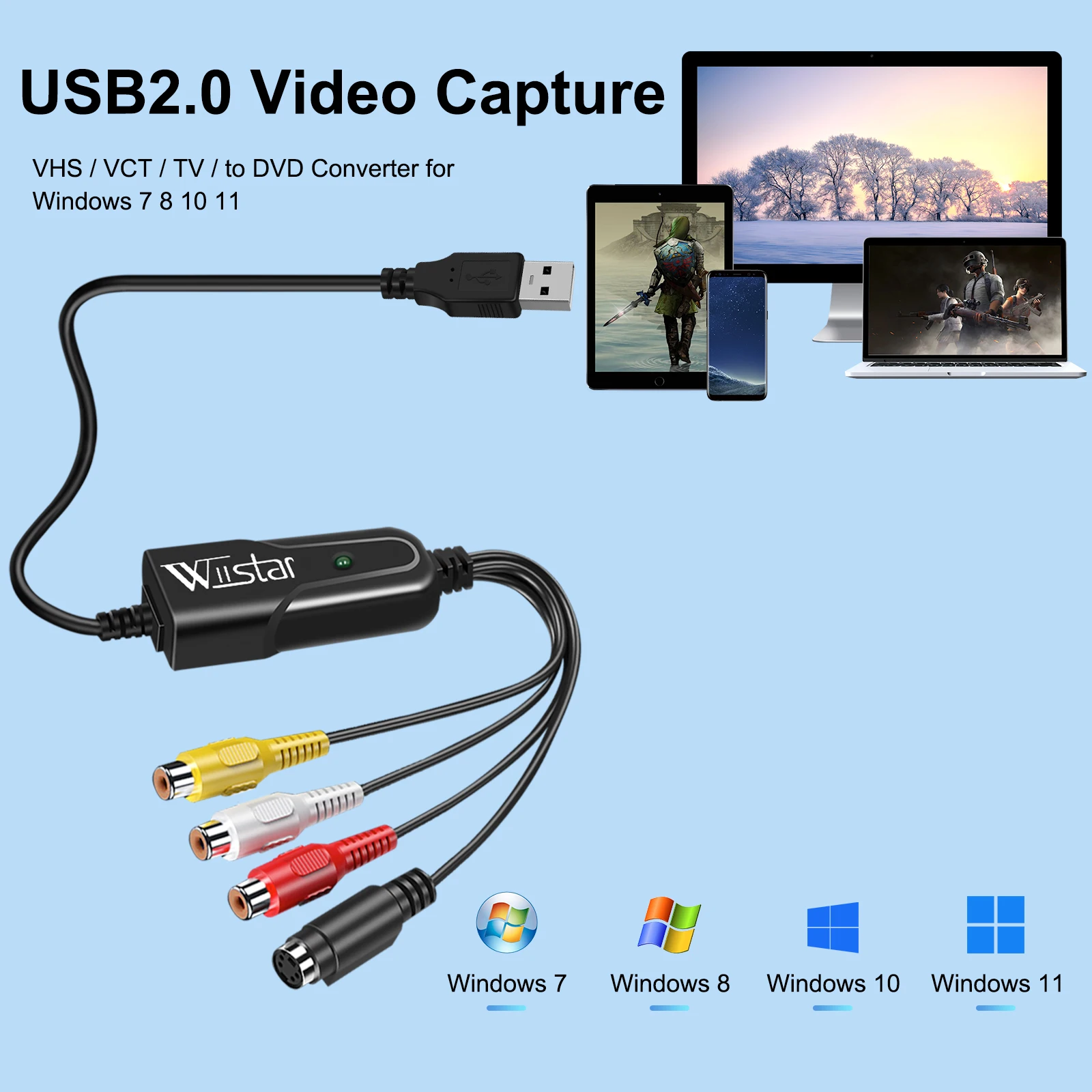 CVBS/AV/Svideo Video Capture Card USB 2.0 AV/S-Video to USB Capture Card Device for VHS DVD Cameras compatible Windows 7/8/10