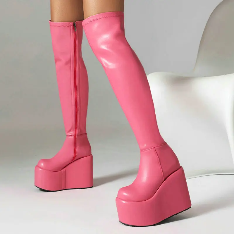 Pink Zip Up Gothic Punk Women Winter Shoes Platform Wedges High Heels Shoes Overknees Sexy Female Over-the-knee Stretch Boots