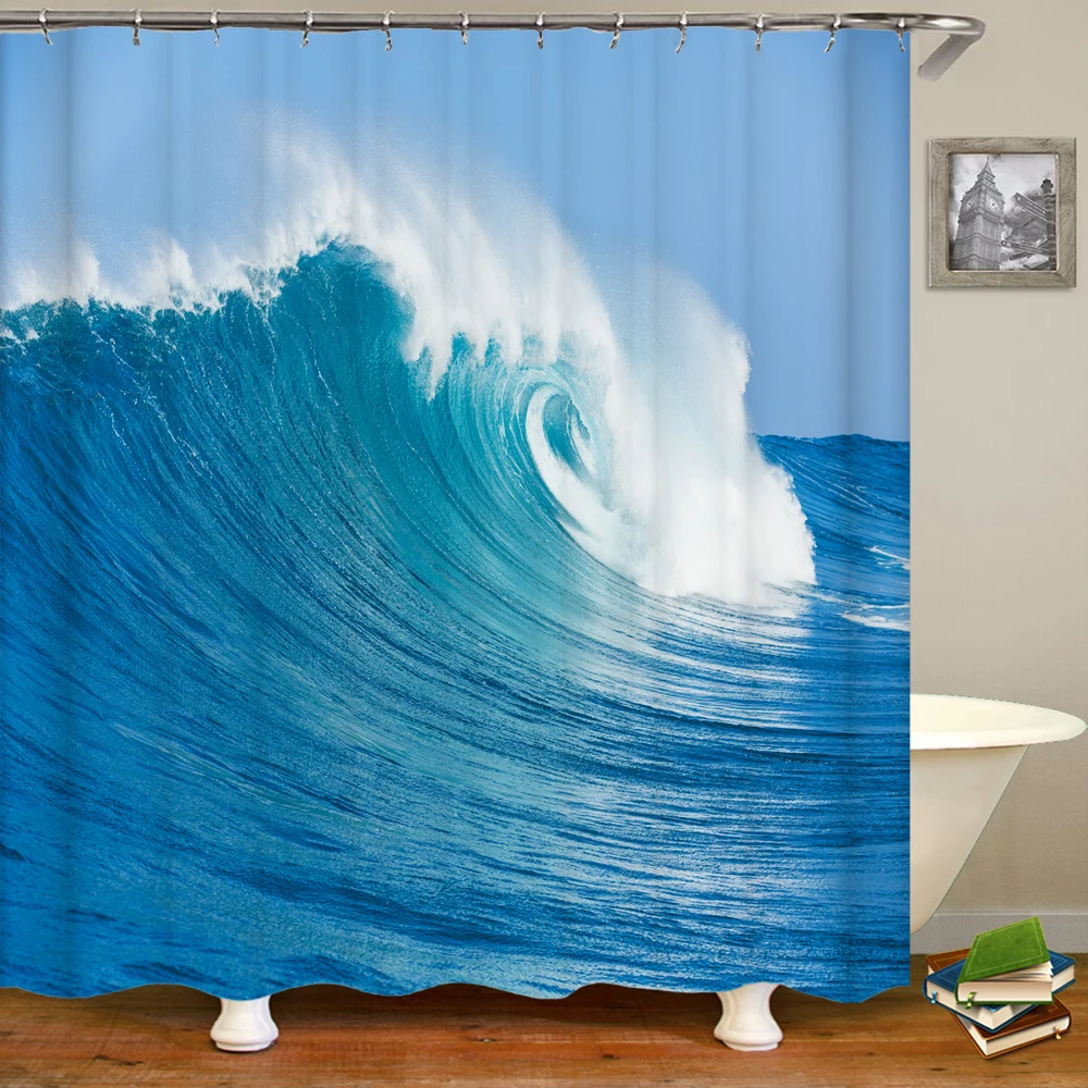 

Tropical Ocean Waves Theme Shower Curtain Summer maritime Huge Wave Nature Scenery Waterproof Fabric with Hooks Bath Curtains