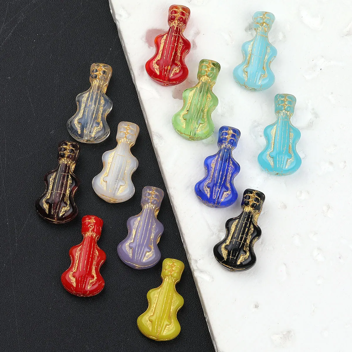 7pcs Beads & Bead Assortments Unique Beads Czech Glass Beads Colorful 3D Violin Shape Crafts Beads For DIY Jewelry Making
