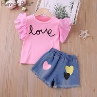 Summer Girls Clothing Sets Letter print flying sleeve top + heart print shorts 2pc Kids Clothing Sets
