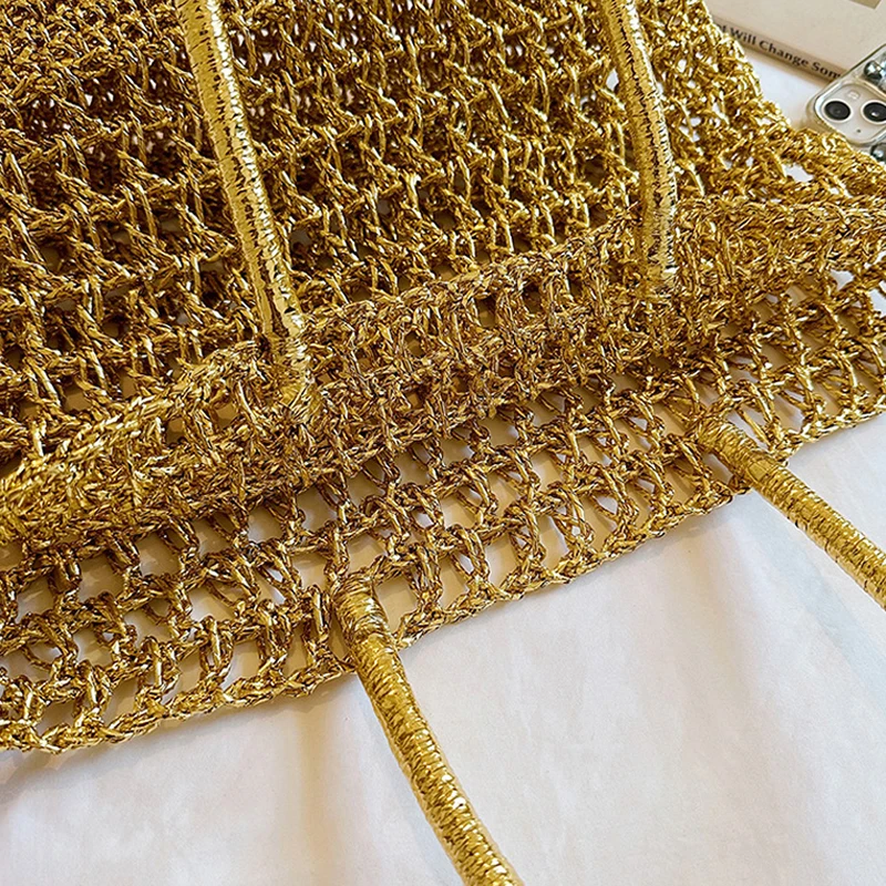 Goldene Hohlgeflechtte Shopper-Markttasche, Damen Casual Chic Strand- und Pendler-Tragetasche, Koreanische Bucket-Handtasche – Detail 6