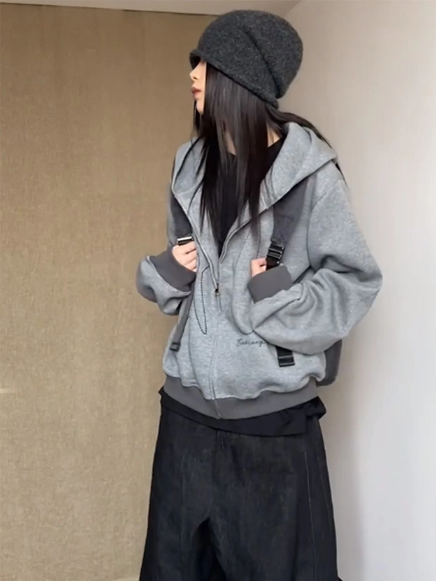 Retro American Hooded Zipper Cardigan Women's Spring Autumn Loose Casual College Sle Sweatirt Long Sve T-irt