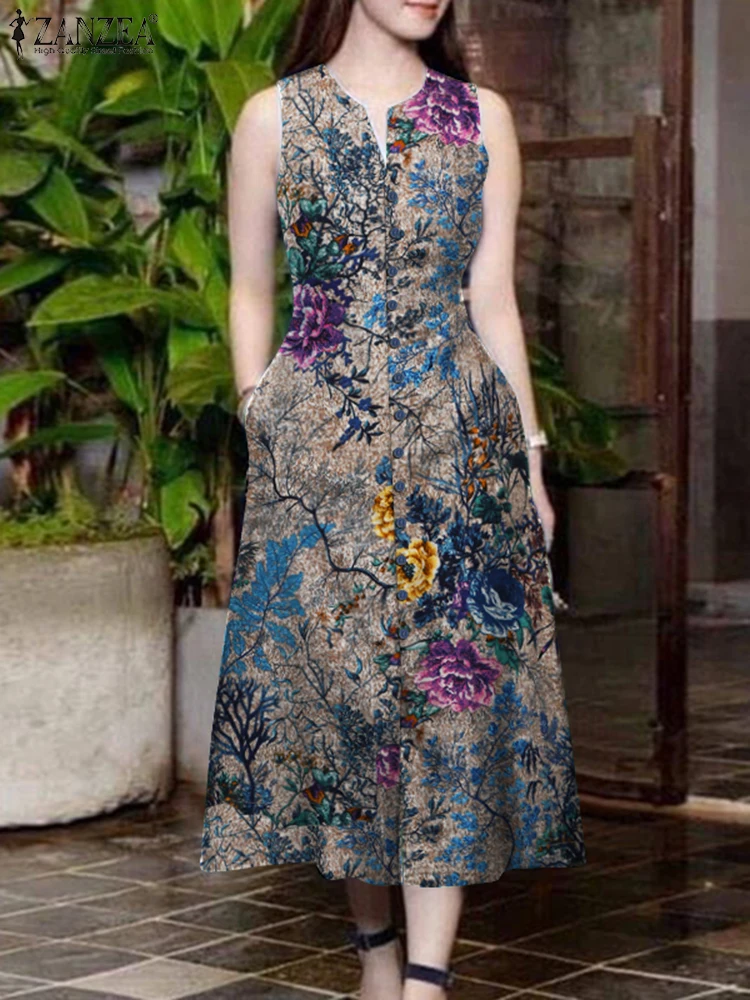 ZANZEA Summer Bohemian Holiday Dress Women Sleeveless Floral Sundress Stylish V Neck Party Vestidos Sarafans Kaftan Robe Femme